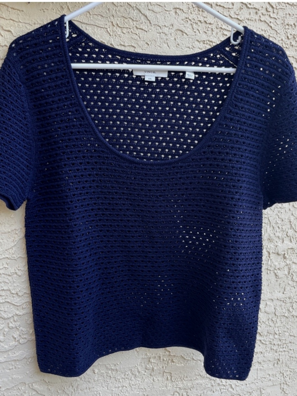 Vince L Large Womens Sweater Navy Cotton Crochet Open Knit Scoop Neck Top